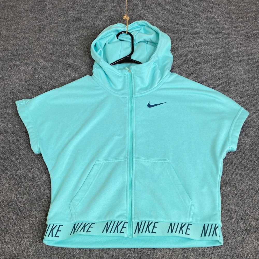 Nike Dri-FIT Girls Full Zip Short Sleeve Hoodie Aqua Blue 859966-446 Large